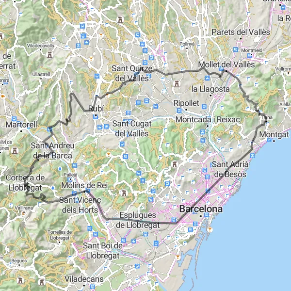 Map miniature of "Challenging Loop to Rubí" cycling inspiration in Cataluña, Spain. Generated by Tarmacs.app cycling route planner