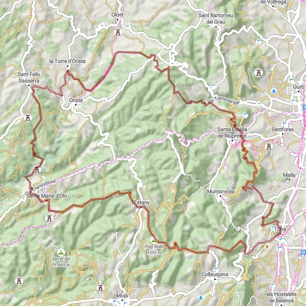 Miniatura della mappa di ispirazione al ciclismo "Esplorazione in Gravel vicino a Tona" nella regione di Cataluña, Spain. Generata da Tarmacs.app, pianificatore di rotte ciclistiche