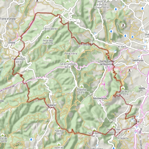 Miniaturní mapa "Gravelová cesta skrz dramatickou krajinu kolem Tona" inspirace pro cyklisty v oblasti Cataluña, Spain. Vytvořeno pomocí plánovače tras Tarmacs.app