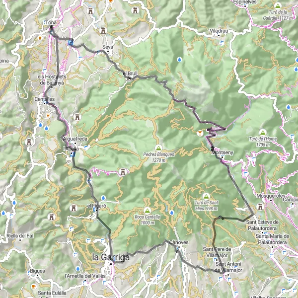 Miniatua del mapa de inspiración ciclista "Ruta de ciclismo de carretera por la sierra de Tona" en Cataluña, Spain. Generado por Tarmacs.app planificador de rutas ciclistas