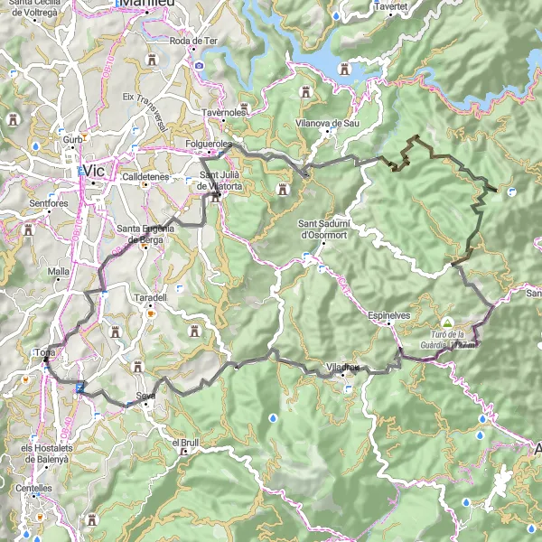 Miniatura della mappa di ispirazione al ciclismo "Tour in Bicicletta da Tona a Viladrau attraverso le Montagne Catalane" nella regione di Cataluña, Spain. Generata da Tarmacs.app, pianificatore di rotte ciclistiche