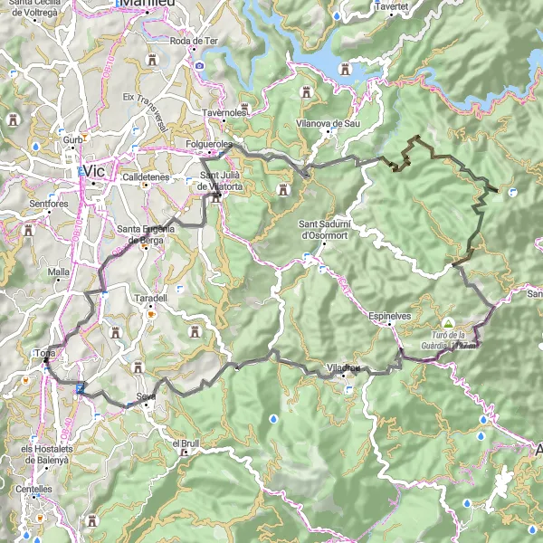 Map miniature of "The Castell Circuit" cycling inspiration in Cataluña, Spain. Generated by Tarmacs.app cycling route planner