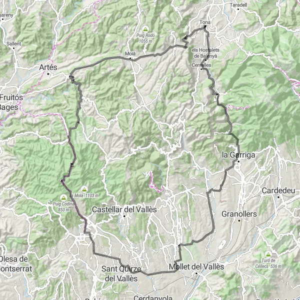 Miniatua del mapa de inspiración ciclista "Ruta circular de ciclismo de carretera por la comarca" en Cataluña, Spain. Generado por Tarmacs.app planificador de rutas ciclistas