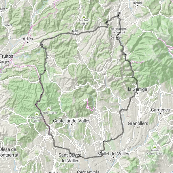 Miniaturekort af cykelinspirationen "Landevejscykeltur til Turó del Seguer" i Cataluña, Spain. Genereret af Tarmacs.app cykelruteplanlægger