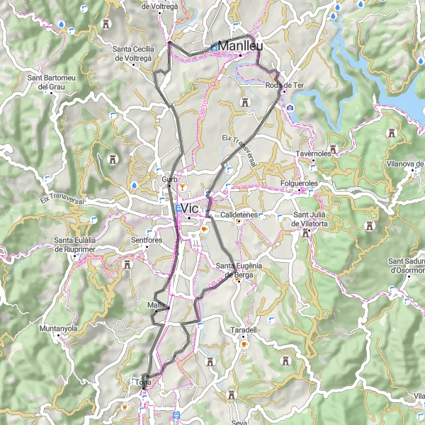 Miniatura della mappa di ispirazione al ciclismo "Giro in bici per Tona e dintorni" nella regione di Cataluña, Spain. Generata da Tarmacs.app, pianificatore di rotte ciclistiche