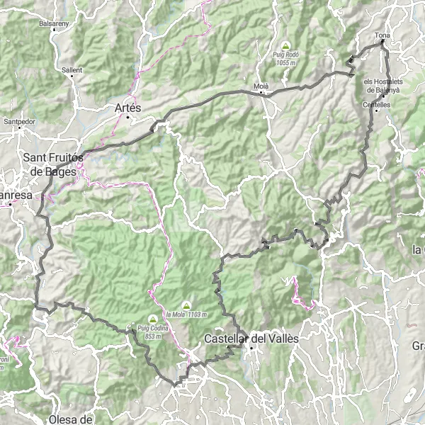 Map miniature of "Tona and the Majestic Mountainous Route" cycling inspiration in Cataluña, Spain. Generated by Tarmacs.app cycling route planner