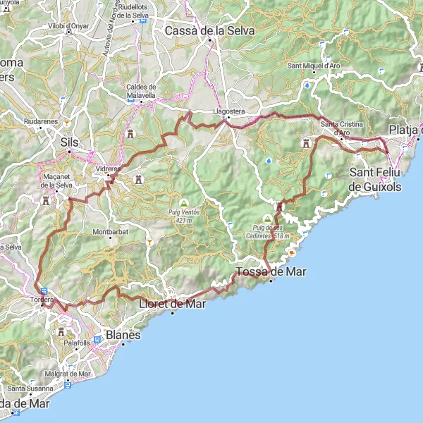 Miniatura della mappa di ispirazione al ciclismo "Giro in bicicletta da Tordera a Consum" nella regione di Cataluña, Spain. Generata da Tarmacs.app, pianificatore di rotte ciclistiche