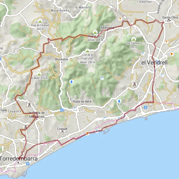 Miniatuurkaart van de fietsinspiratie "Gravelavontuur van Torredembarra naar Creixell" in Cataluña, Spain. Gemaakt door de Tarmacs.app fietsrouteplanner