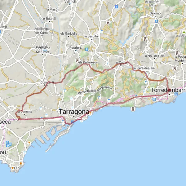 Miniatura della mappa di ispirazione al ciclismo "La Strada Gravel di Torredembarra" nella regione di Cataluña, Spain. Generata da Tarmacs.app, pianificatore di rotte ciclistiche