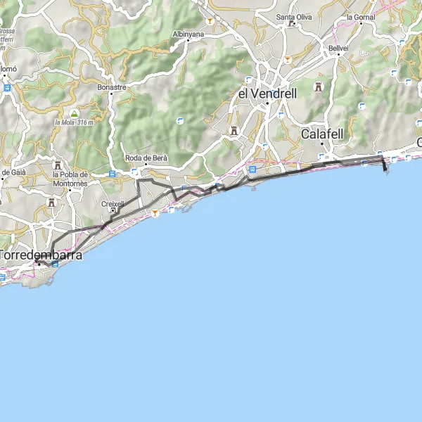 Miniaturekort af cykelinspirationen "Afslappet tur langs kysten" i Cataluña, Spain. Genereret af Tarmacs.app cykelruteplanlægger