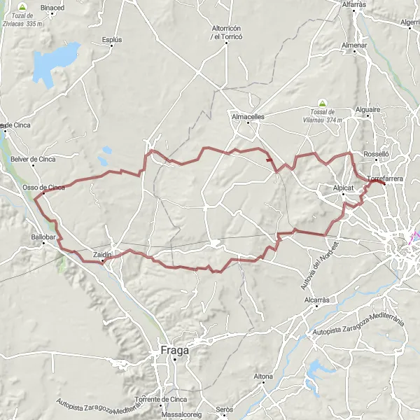 Karten-Miniaturansicht der Radinspiration "Gravel-Tour von Alpicat nach Torrefarrera" in Cataluña, Spain. Erstellt vom Tarmacs.app-Routenplaner für Radtouren