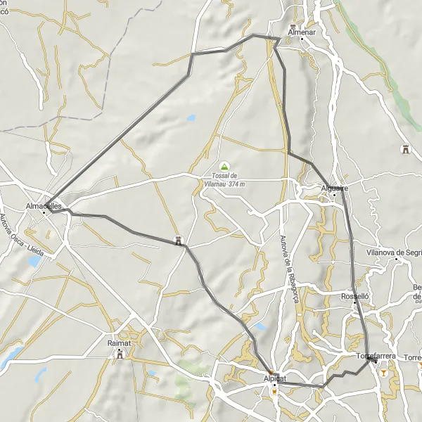 Miniatura della mappa di ispirazione al ciclismo "Scoperta su Strada di Alguaire e la Saira" nella regione di Cataluña, Spain. Generata da Tarmacs.app, pianificatore di rotte ciclistiche