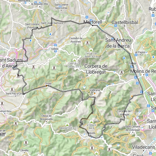 Miniaturní mapa "Road Cycling Adventure near Torrelles de Llobregat" inspirace pro cyklisty v oblasti Cataluña, Spain. Vytvořeno pomocí plánovače tras Tarmacs.app