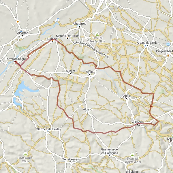 Miniaturní mapa "Gravel cyklotrasa kolem Torres de Segre" inspirace pro cyklisty v oblasti Cataluña, Spain. Vytvořeno pomocí plánovače tras Tarmacs.app