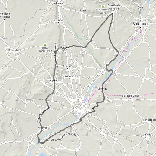 Miniaturní mapa "Road cyklotrasa kolem Torres de Segre" inspirace pro cyklisty v oblasti Cataluña, Spain. Vytvořeno pomocí plánovače tras Tarmacs.app