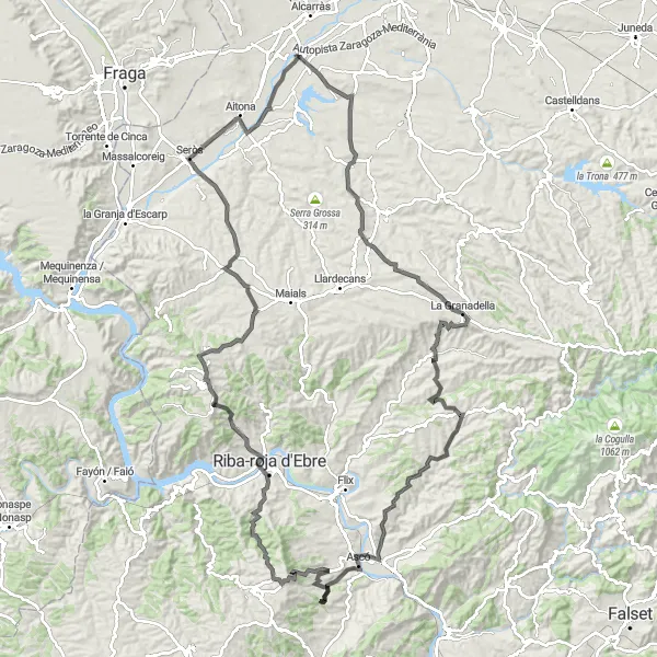 Miniatura della mappa di ispirazione al ciclismo "Giro in bicicletta verso Ascó" nella regione di Cataluña, Spain. Generata da Tarmacs.app, pianificatore di rotte ciclistiche