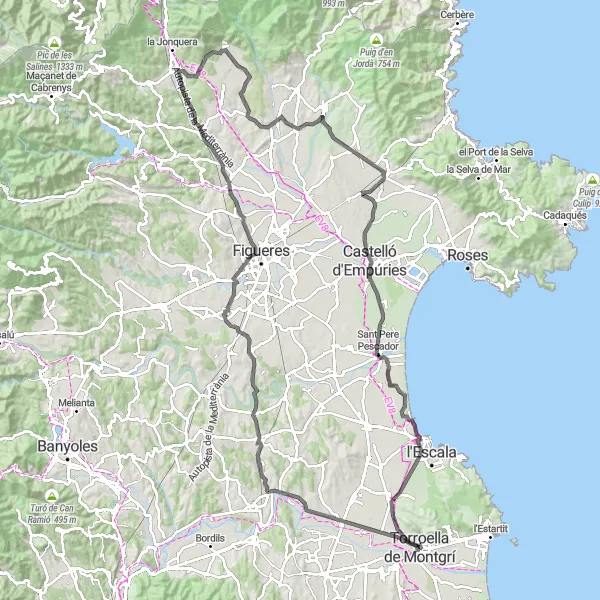 Map miniature of "Coastal Road Adventure to Arenys d'Empordà and Muntanya del Montgrí" cycling inspiration in Cataluña, Spain. Generated by Tarmacs.app cycling route planner