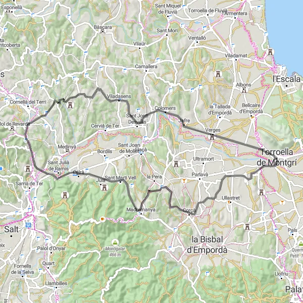 Map miniature of "Vilafant Loop with Casavells and Colomers" cycling inspiration in Cataluña, Spain. Generated by Tarmacs.app cycling route planner