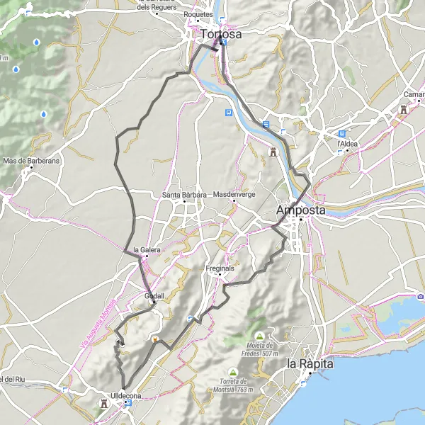 Miniatura della mappa di ispirazione al ciclismo "Avventura su due ruote tra le colline di Tortosa" nella regione di Cataluña, Spain. Generata da Tarmacs.app, pianificatore di rotte ciclistiche