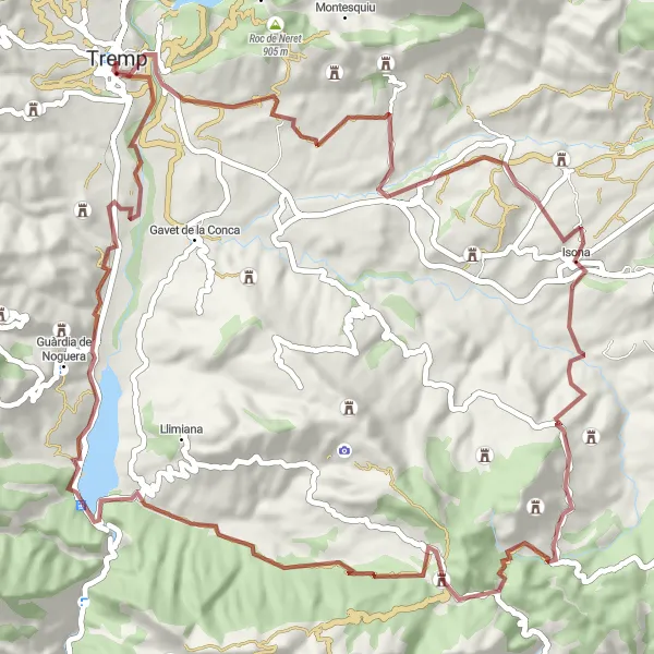 Miniatura della mappa di ispirazione al ciclismo "Gravel cycling through Suterranya and Isona" nella regione di Cataluña, Spain. Generata da Tarmacs.app, pianificatore di rotte ciclistiche