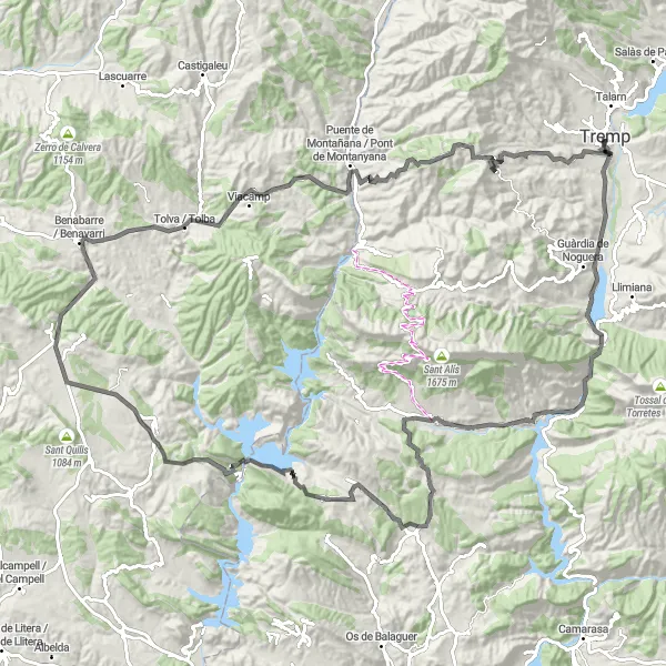 Miniatua del mapa de inspiración ciclista "Ruta Carretera - Àger y Alrededores" en Cataluña, Spain. Generado por Tarmacs.app planificador de rutas ciclistas