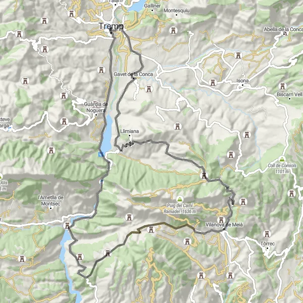 Miniatura della mappa di ispirazione al ciclismo "Cicloturismo tra Vilamitjana e Tossal d'Alta-riba" nella regione di Cataluña, Spain. Generata da Tarmacs.app, pianificatore di rotte ciclistiche