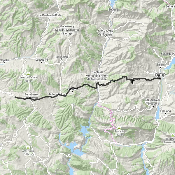 Map miniature of "Challenging Road Climbs in Coll de Montllobar" cycling inspiration in Cataluña, Spain. Generated by Tarmacs.app cycling route planner