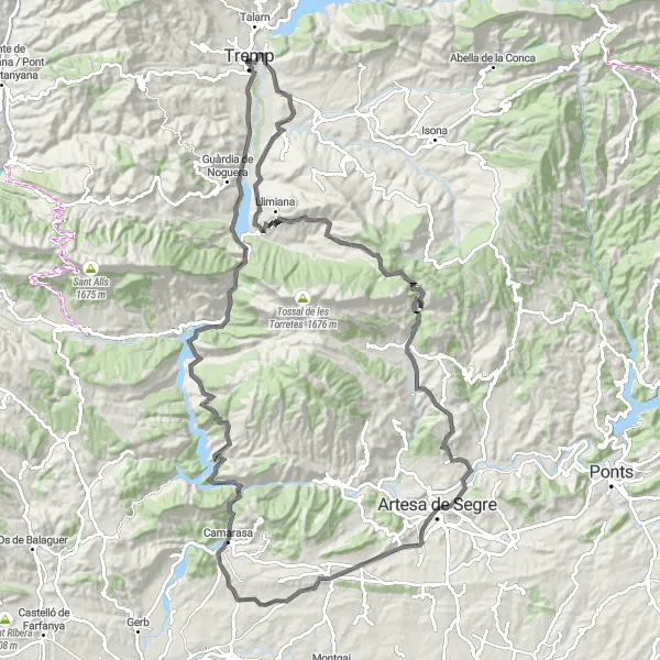 Miniatuurkaart van de fietsinspiratie "Een fietstocht door het hart van Catalonië" in Cataluña, Spain. Gemaakt door de Tarmacs.app fietsrouteplanner