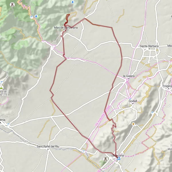 Map miniature of "Exploring Ulldecona and Mas de Barberans Gravel Route" cycling inspiration in Cataluña, Spain. Generated by Tarmacs.app cycling route planner