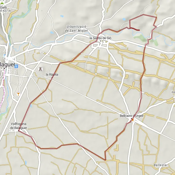 Miniaturní mapa "Gravelová cyklotrasa Vallfogona de Balaguer - la Ràpita - Tossal de les Forques - Bellcaire d'Urgell" inspirace pro cyklisty v oblasti Cataluña, Spain. Vytvořeno pomocí plánovače tras Tarmacs.app
