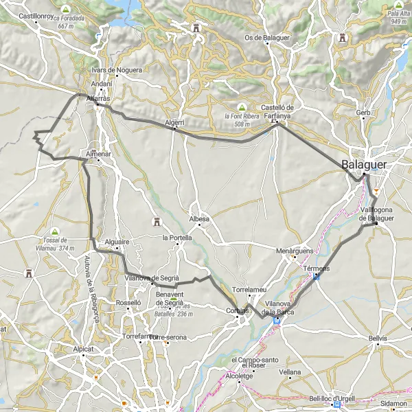 Miniature de la carte de l'inspiration cycliste "La Route Scénique de Balaguer" dans la Cataluña, Spain. Générée par le planificateur d'itinéraire cycliste Tarmacs.app