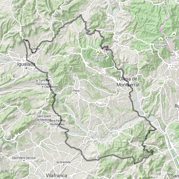 Map miniature of "Road Cycling Route from Vallirana" cycling inspiration in Cataluña, Spain. Generated by Tarmacs.app cycling route planner