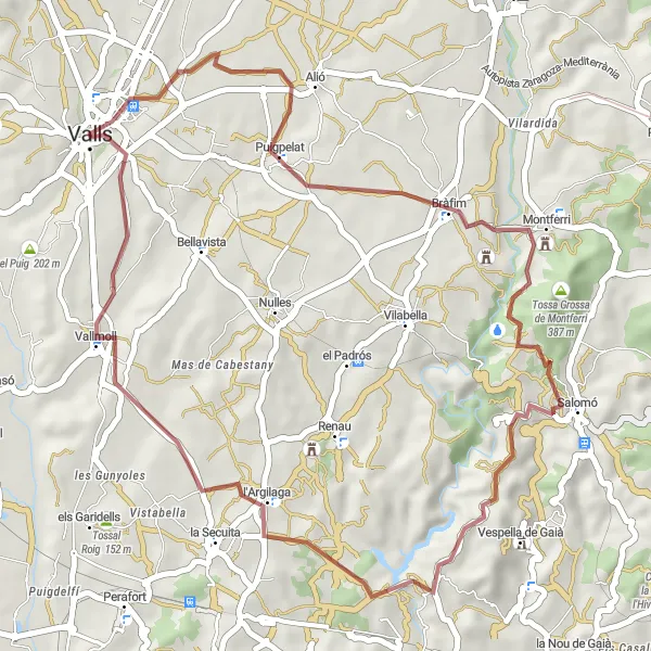 Miniatuurkaart van de fietsinspiratie "Verken Bràfim en Vallmoll per Gravelbike" in Cataluña, Spain. Gemaakt door de Tarmacs.app fietsrouteplanner