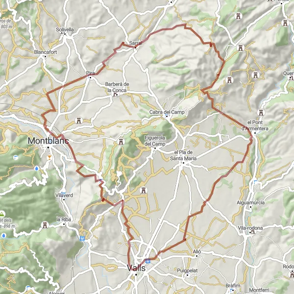 Miniatura della mappa di ispirazione al ciclismo "Tour in gravel tra Fontscaldes e Montbrió de la Marca" nella regione di Cataluña, Spain. Generata da Tarmacs.app, pianificatore di rotte ciclistiche