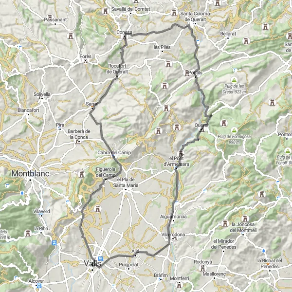 Miniaturní mapa "Road Ronda Figuerola del Camp - Alió" inspirace pro cyklisty v oblasti Cataluña, Spain. Vytvořeno pomocí plánovače tras Tarmacs.app