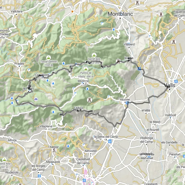 Miniature de la carte de l'inspiration cycliste "Tour Scénique de 78 km à partir de Valls" dans la Cataluña, Spain. Générée par le planificateur d'itinéraire cycliste Tarmacs.app