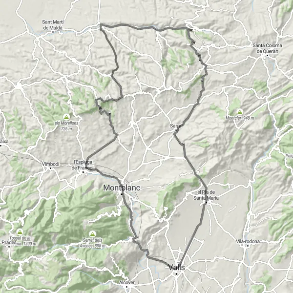 Miniatua del mapa de inspiración ciclista "Ruta Valls - Puigcabrer" en Cataluña, Spain. Generado por Tarmacs.app planificador de rutas ciclistas