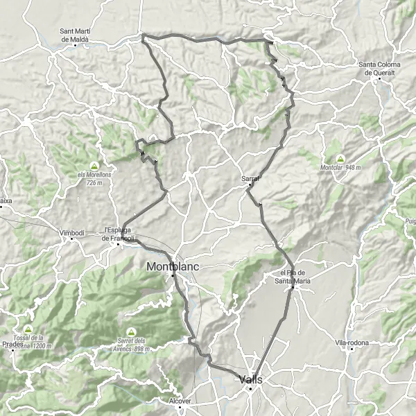 Miniatuurkaart van de fietsinspiratie "Valls naar Recinte murat en Coll de Cabra" in Cataluña, Spain. Gemaakt door de Tarmacs.app fietsrouteplanner