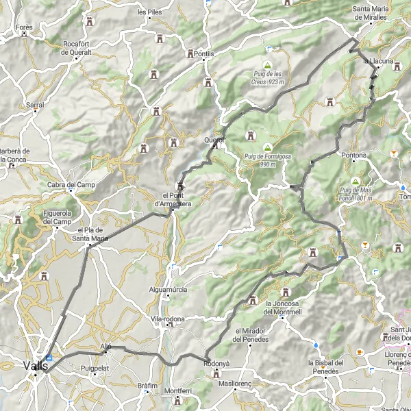 Miniatura della mappa di ispirazione al ciclismo "Tour in bici da Valls attraverso el Pont d'Armentera e Querol" nella regione di Cataluña, Spain. Generata da Tarmacs.app, pianificatore di rotte ciclistiche