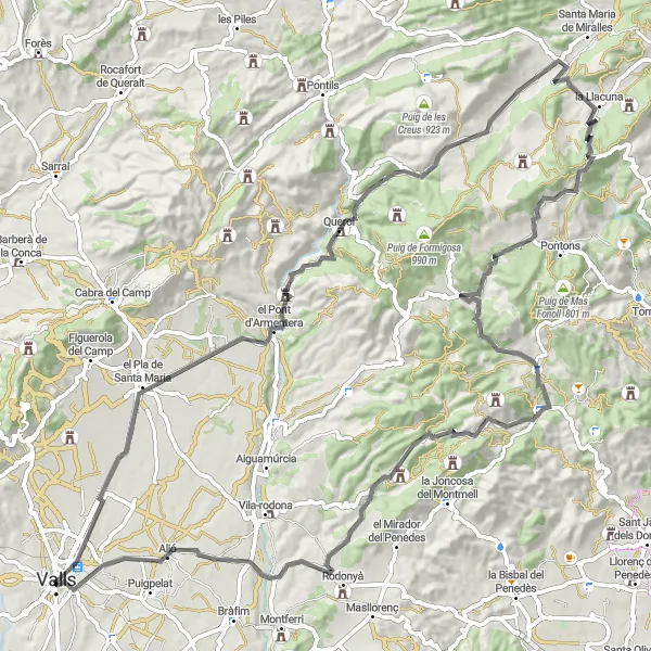 Miniatuurkaart van de fietsinspiratie "Fietstocht naar Torre Milà en Puig de les Agulles" in Cataluña, Spain. Gemaakt door de Tarmacs.app fietsrouteplanner