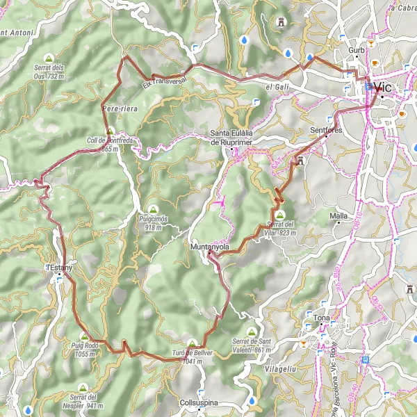 Miniaturní mapa "Gravel kolem Cantallops do Vic" inspirace pro cyklisty v oblasti Cataluña, Spain. Vytvořeno pomocí plánovače tras Tarmacs.app