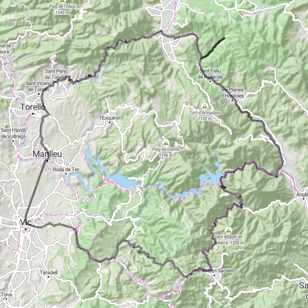 Map miniature of "Catalonian Hills and Valleys" cycling inspiration in Cataluña, Spain. Generated by Tarmacs.app cycling route planner