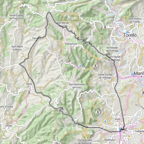 Map miniature of "Vic Main Square Loop" cycling inspiration in Cataluña, Spain. Generated by Tarmacs.app cycling route planner