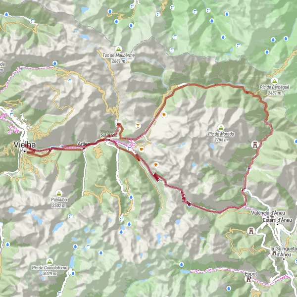 Map miniature of "Gravel Adventure in Val d'Aran" cycling inspiration in Cataluña, Spain. Generated by Tarmacs.app cycling route planner
