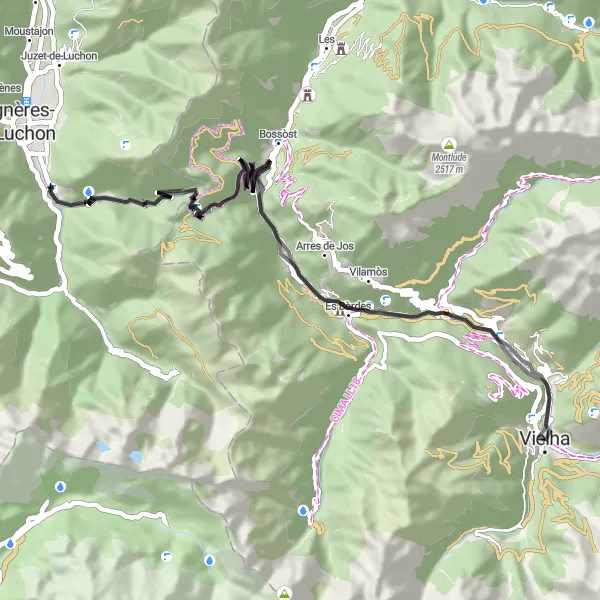 Map miniature of "Vielh - Aubèrt - Malh Pujavaquèr - Bossòst - Tuc dera Clòta - Saint-Mamet - Eth Portilhon - Es Bòrdes - Gausac - Vielh" cycling inspiration in Cataluña, Spain. Generated by Tarmacs.app cycling route planner