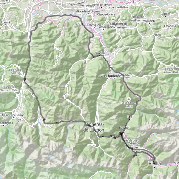 Miniaturekort af cykelinspirationen "Episk bjergtur fra Vielha til Mont-Arès" i Cataluña, Spain. Genereret af Tarmacs.app cykelruteplanlægger