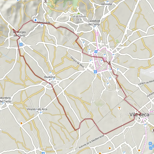 Miniatua del mapa de inspiración ciclista "Aventura en bicicleta de gravilla cerca de Vila-seca" en Cataluña, Spain. Generado por Tarmacs.app planificador de rutas ciclistas