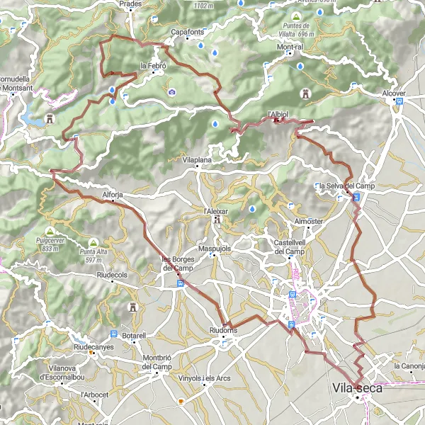 Miniatuurkaart van de fietsinspiratie "Riudoms - Castell del Paborde Gravel Route" in Cataluña, Spain. Gemaakt door de Tarmacs.app fietsrouteplanner