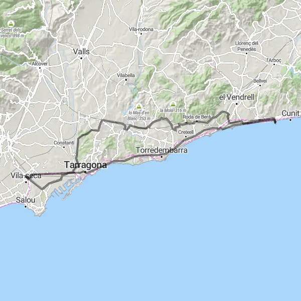 Miniatura della mappa di ispirazione al ciclismo "Giro in bicicletta dalla Costa Daurada all'entroterra" nella regione di Cataluña, Spain. Generata da Tarmacs.app, pianificatore di rotte ciclistiche