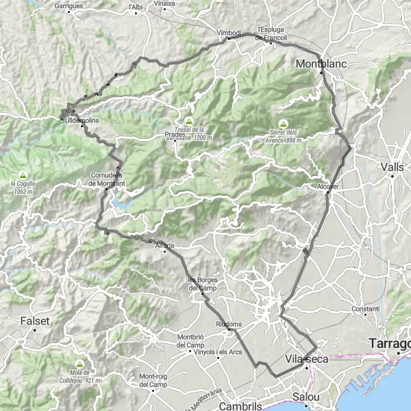 Miniatuurkaart van de fietsinspiratie "Riudoms - La Fumera del Gas Reusense Road Route" in Cataluña, Spain. Gemaakt door de Tarmacs.app fietsrouteplanner